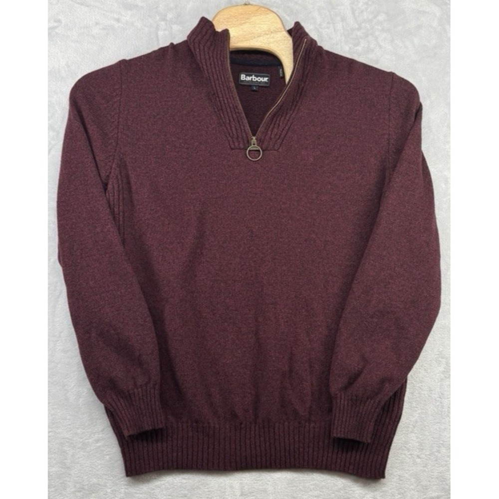 Barbour Sweater 100% Wool 1/4 Zip Mock Neck Knit Pullover Burgandy Red Men's L